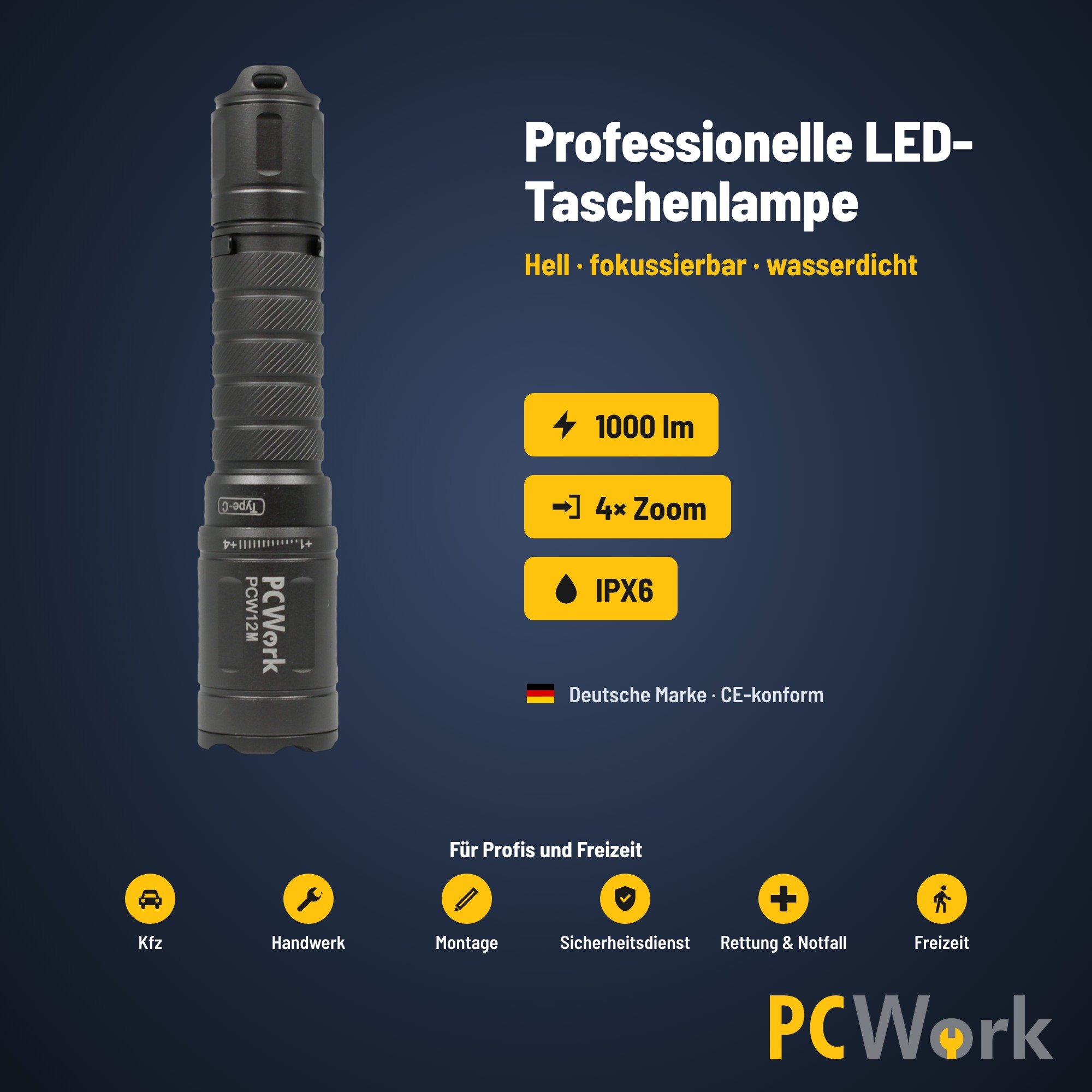 PCW12M LED-Taschenlampe im Überblick mit 1000 Lumen, 4-fach Zoom und Schutzklasse IPX6