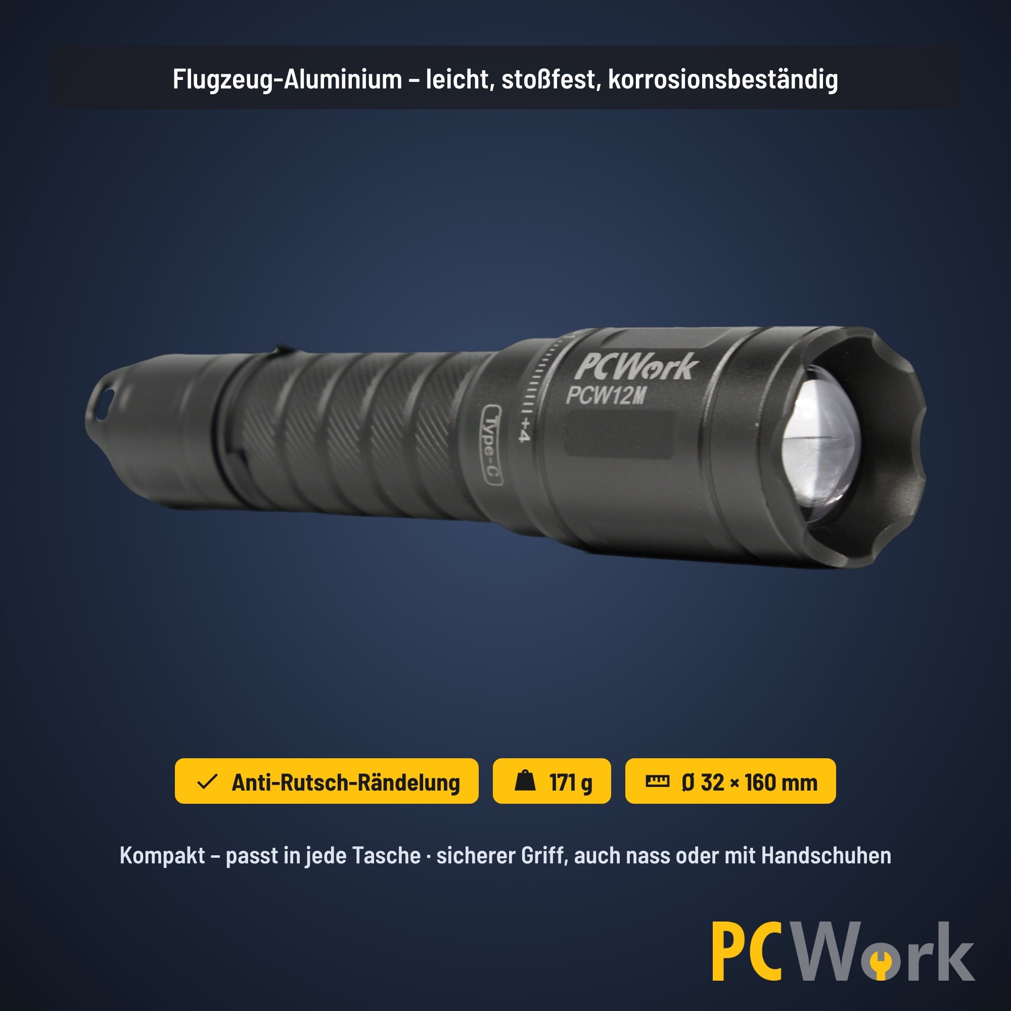 PCW12M LED-Taschenlampe aus robustem Flugzeug-Aluminium mit rutschfester Rändelung