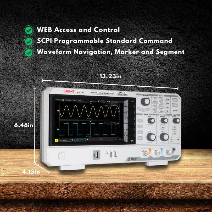 UNI-T UPO1102 Oszilloskop mit Abmessungen und hervorgehobenen Features wie Web-Fernsteuerung, SCPI-Befehlen und Wellenform-Navigation.