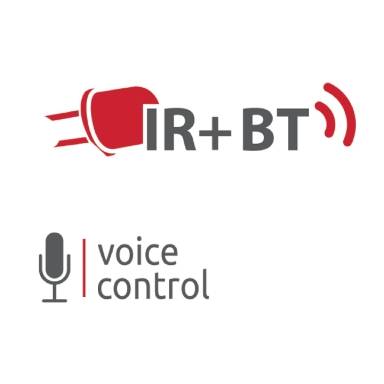 Feature-Icons der JL1505 Fernbedienung: Infrarot plus Bluetooth (IR+BT) und Sprachsteuerung (voice control).