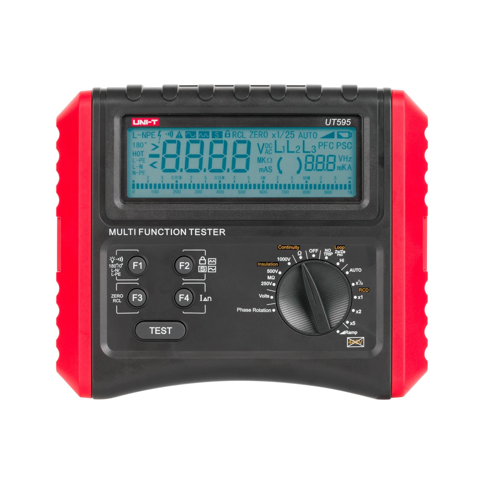 UNI-T UT595 Multifunktions-Installationstester mit beleuchtetem LCD-Display, Drehschalter und Funktionstasten.