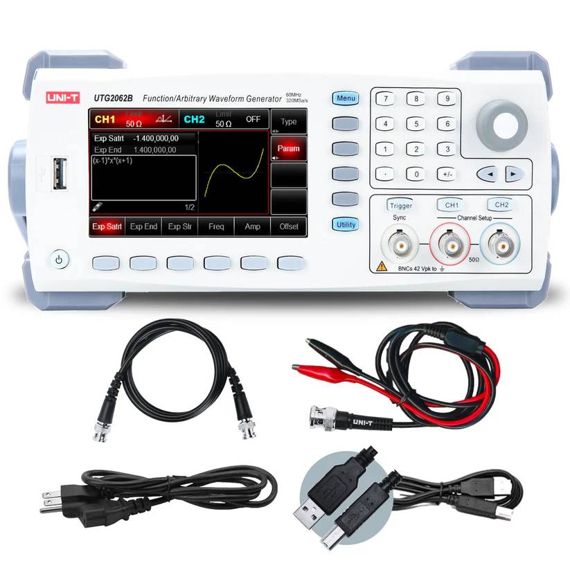 Lieferumfang des UNI-T UTG2062B Funktionsgenerators: das Gerät mit Netzkabel, USB-Kabel und BNC-Messkabel mit Krokodilklemmen.