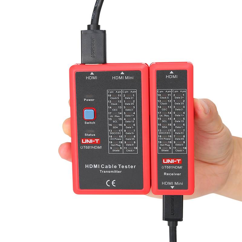Der UT681HDMI Kabeltester in Anwendung, bei dem ein HDMI-Kabel zur Überprüfung der korrekten Belegung und auf Kurzschluss angeschlossen ist.