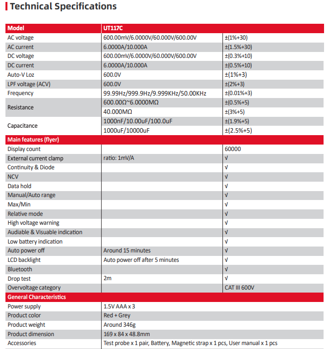 UT117C Multimeter Digital 60000 Counts Bluetooth True RMS