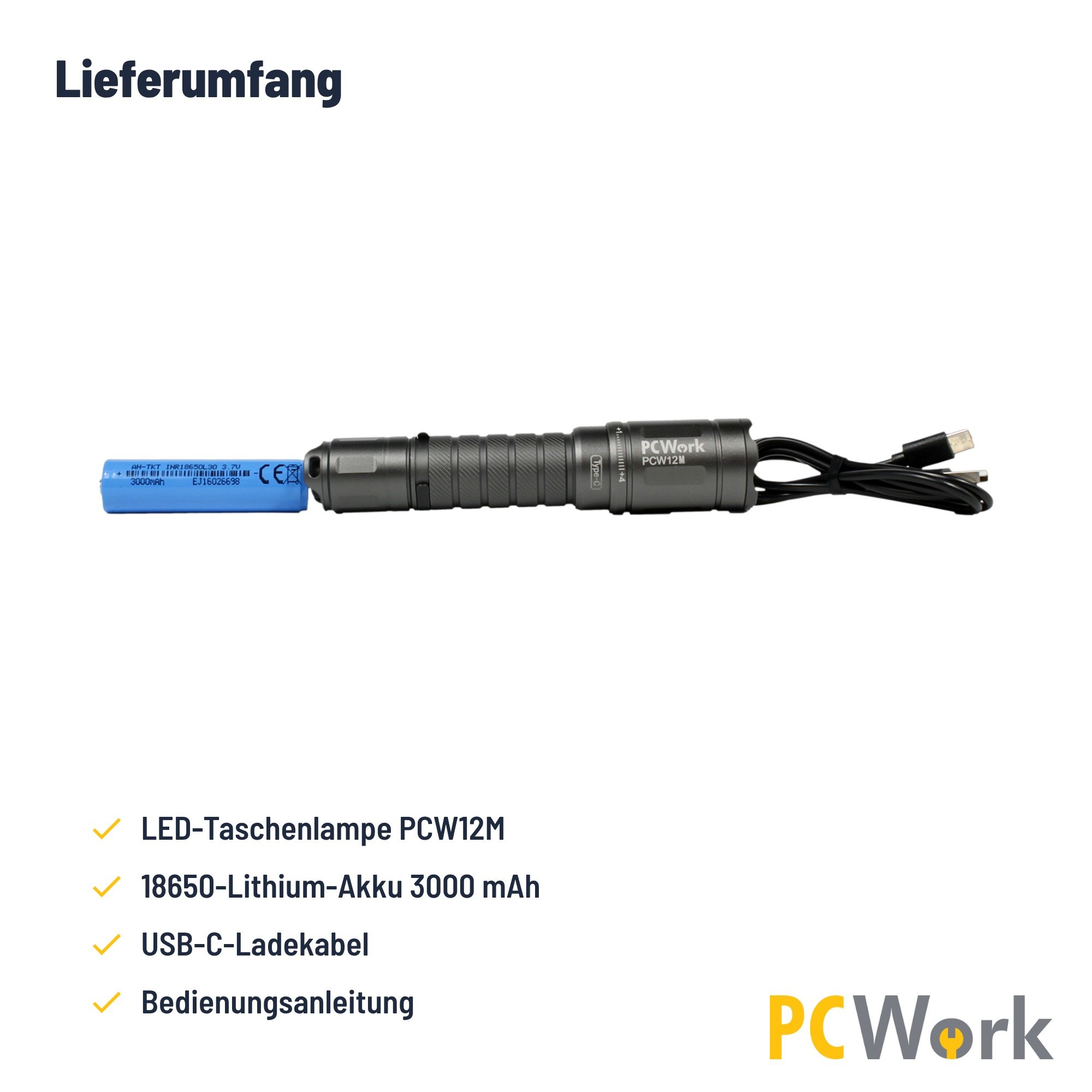 Lieferumfang der PCW12M Taschenlampe mit 3000 mAh 18650-Akku, Ladekabel und Handbuch
