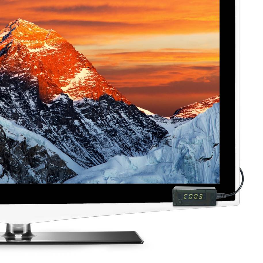 Der externe IR-Empfänger mit Kanalanzeige des DVB-T2 Receivers JL43703 dezent neben dem Fernseher platziert.