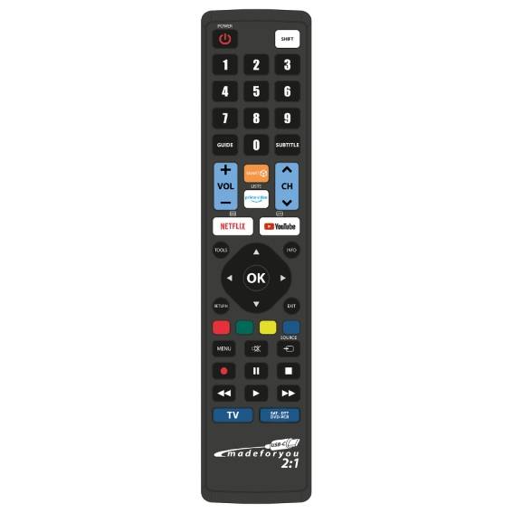 Frontansicht der programmierbaren USB-C Fernbedienung JL1770USB von JOLLY LINE mit Tasten für Netflix und YouTube.