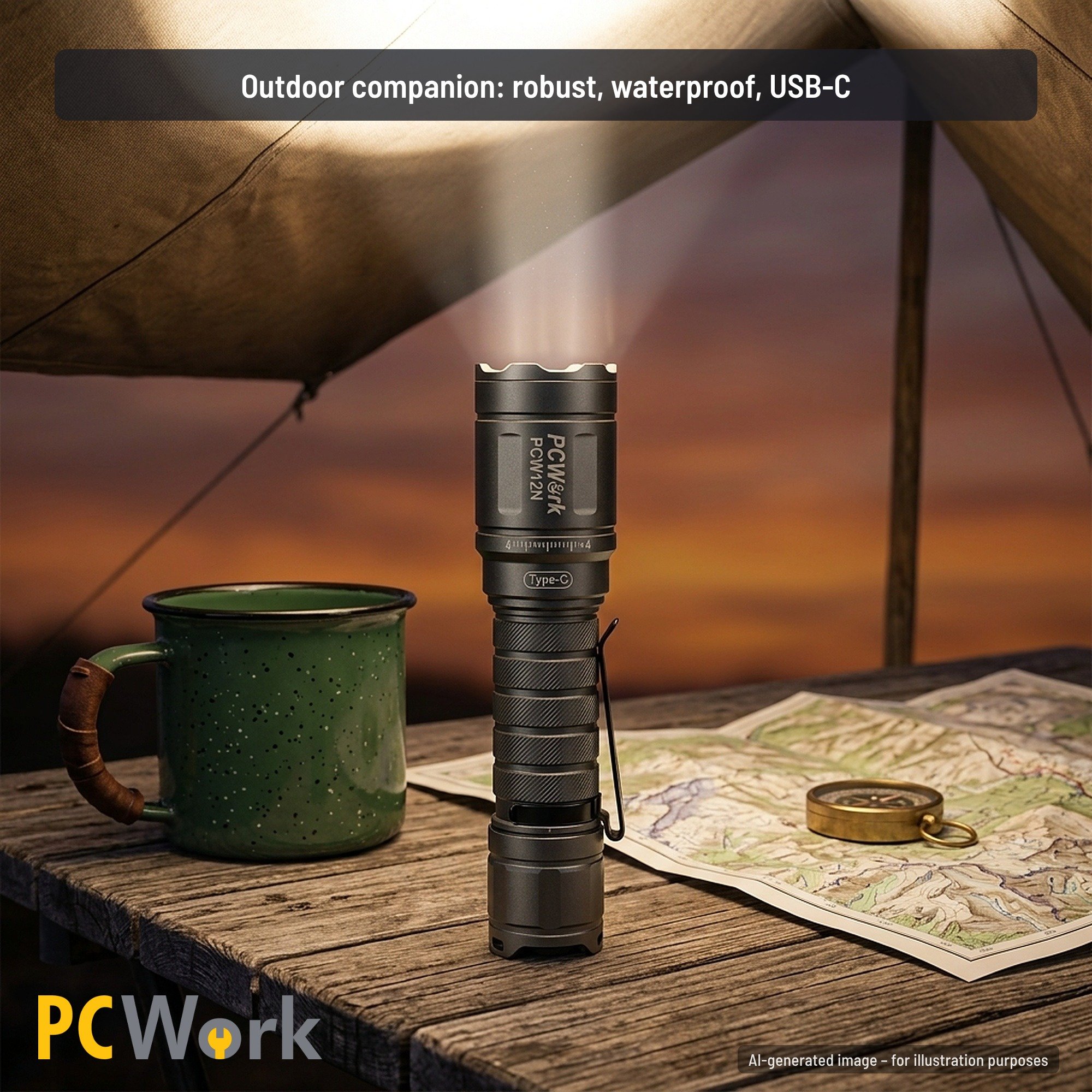 PCW12N Outdoor-Einsatz auf Englisch: Robuste LED-Taschenlampe beim Campen im Abendlicht
