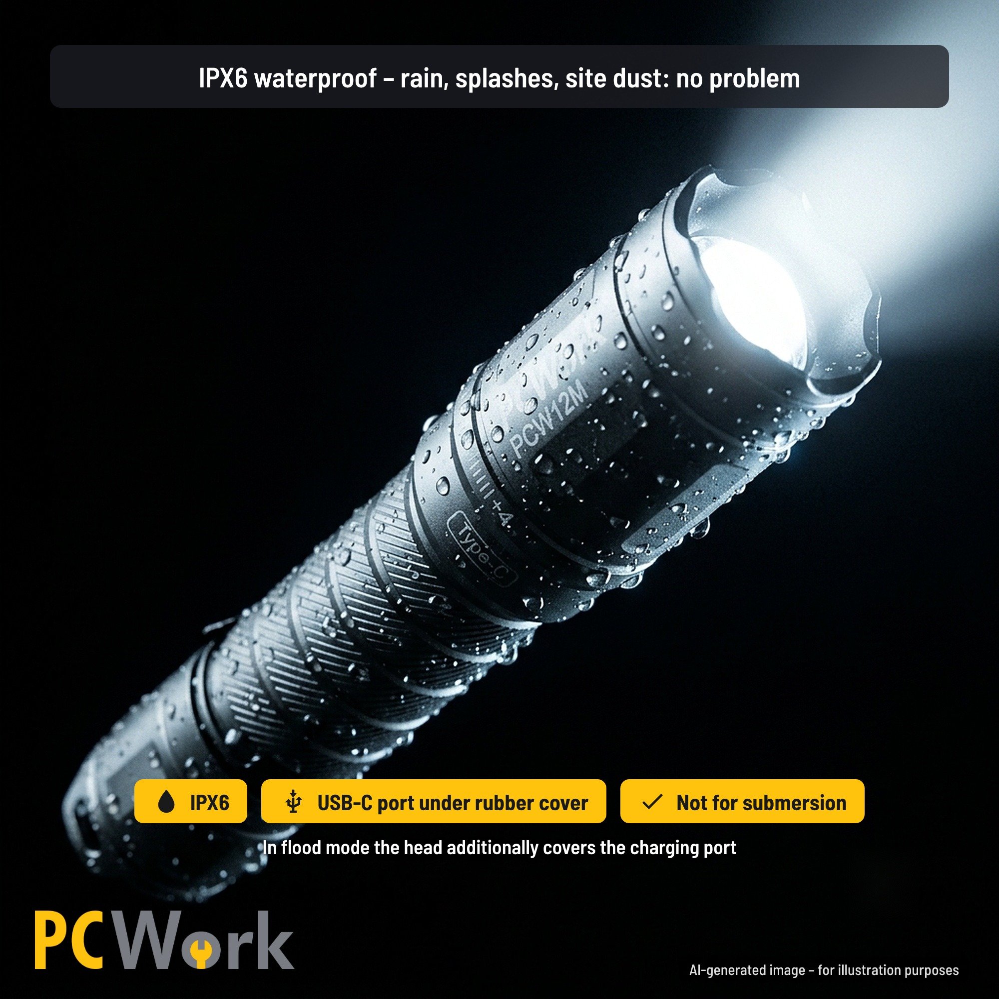 Infografik auf Englisch zum IPX6-Spritzwasserschutz der PCW12M LED-Taschenlampe