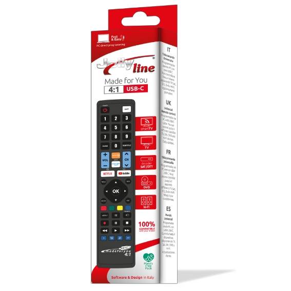 Verpackung der Jollyline JL1771USB 4-in-1 Universalfernbedienung, programmierbar per USB-C für TV, SAT und DVD.