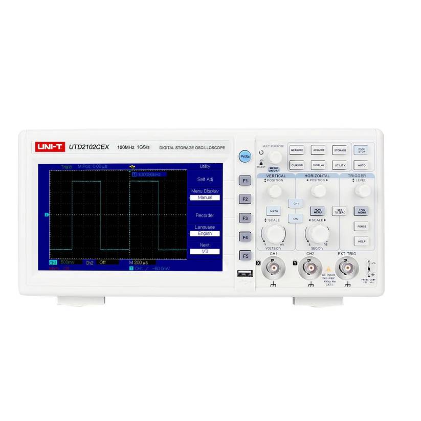 Frontansicht des UNI-T UTD2102CEX+ Digital-Speicheroszilloskops mit 100MHz Bandbreite und 1GS/s Abtastrate.
