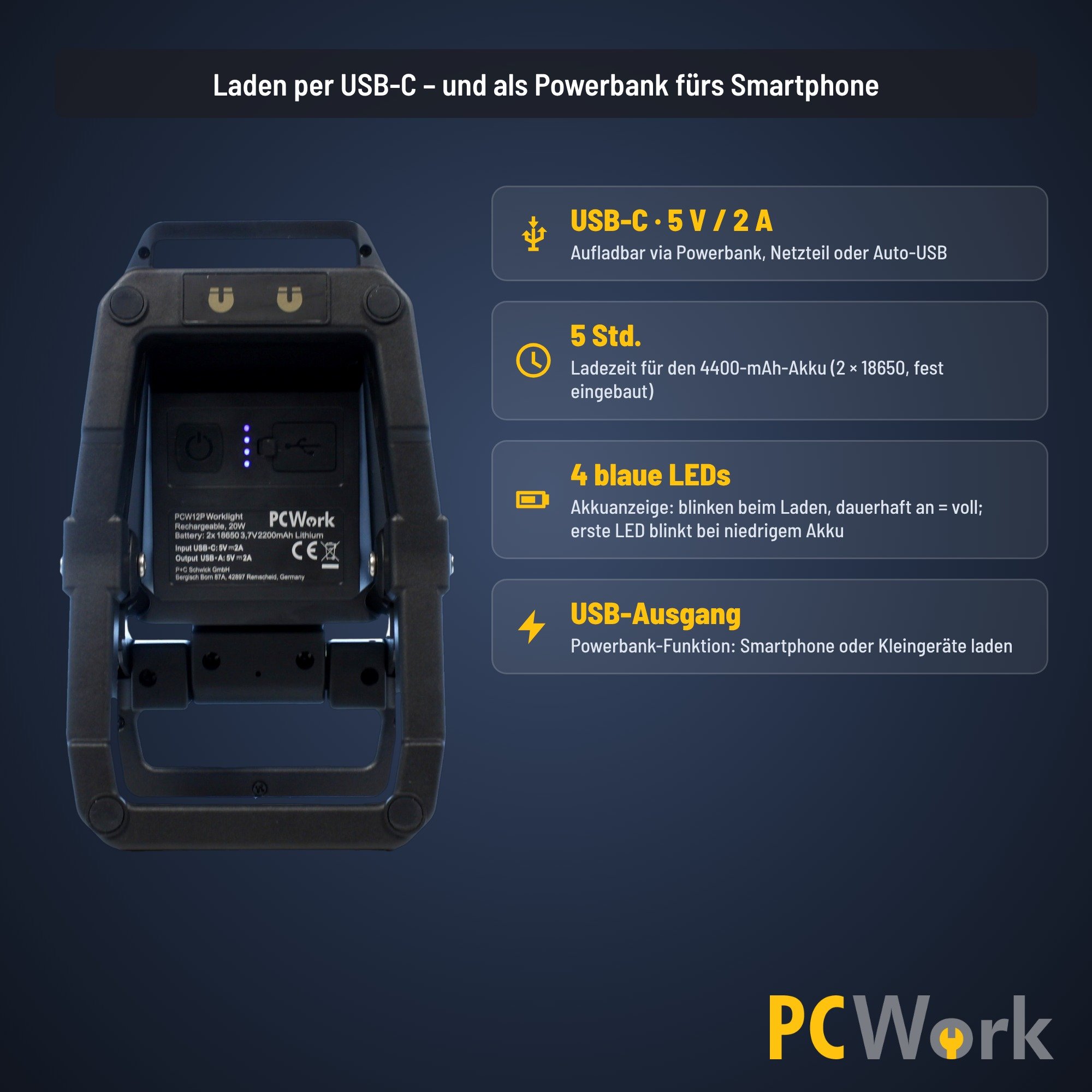 PCW12P Rückseite mit USB-C-Ladeanschluss, 4400-mAh-Akku und Powerbank-Funktion