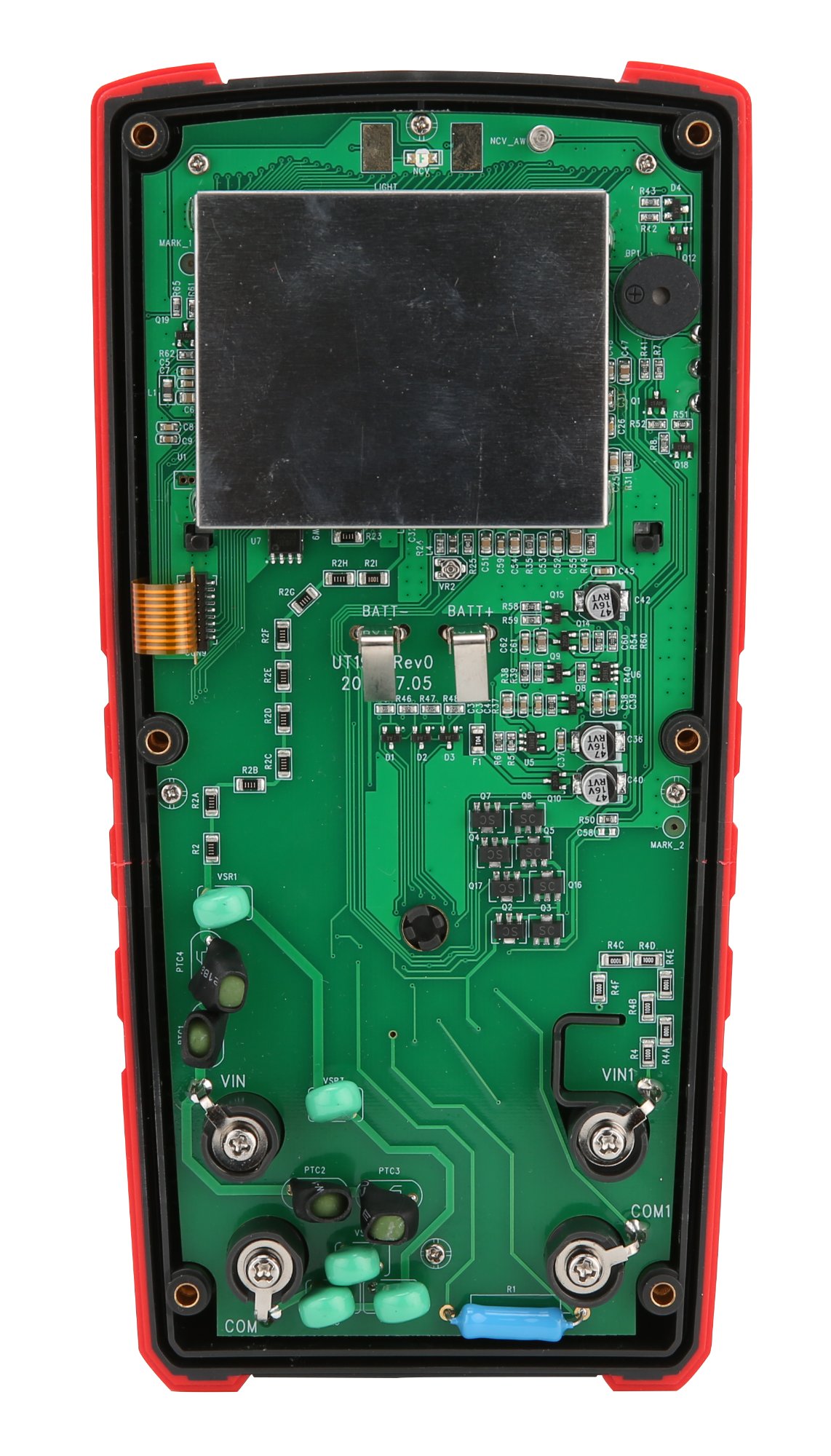 Geöffnetes Innenleben des UT196 Solar Multimeters mit Hauptplatine und Schutzkomponenten.
