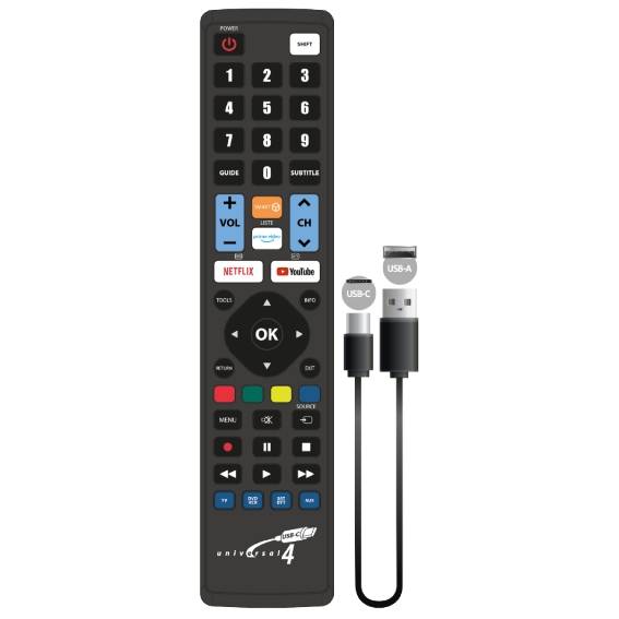 Universalfernbedienung JL3088USB mit USB-C Anschluss und passendem USB-A auf USB-C Kabel.