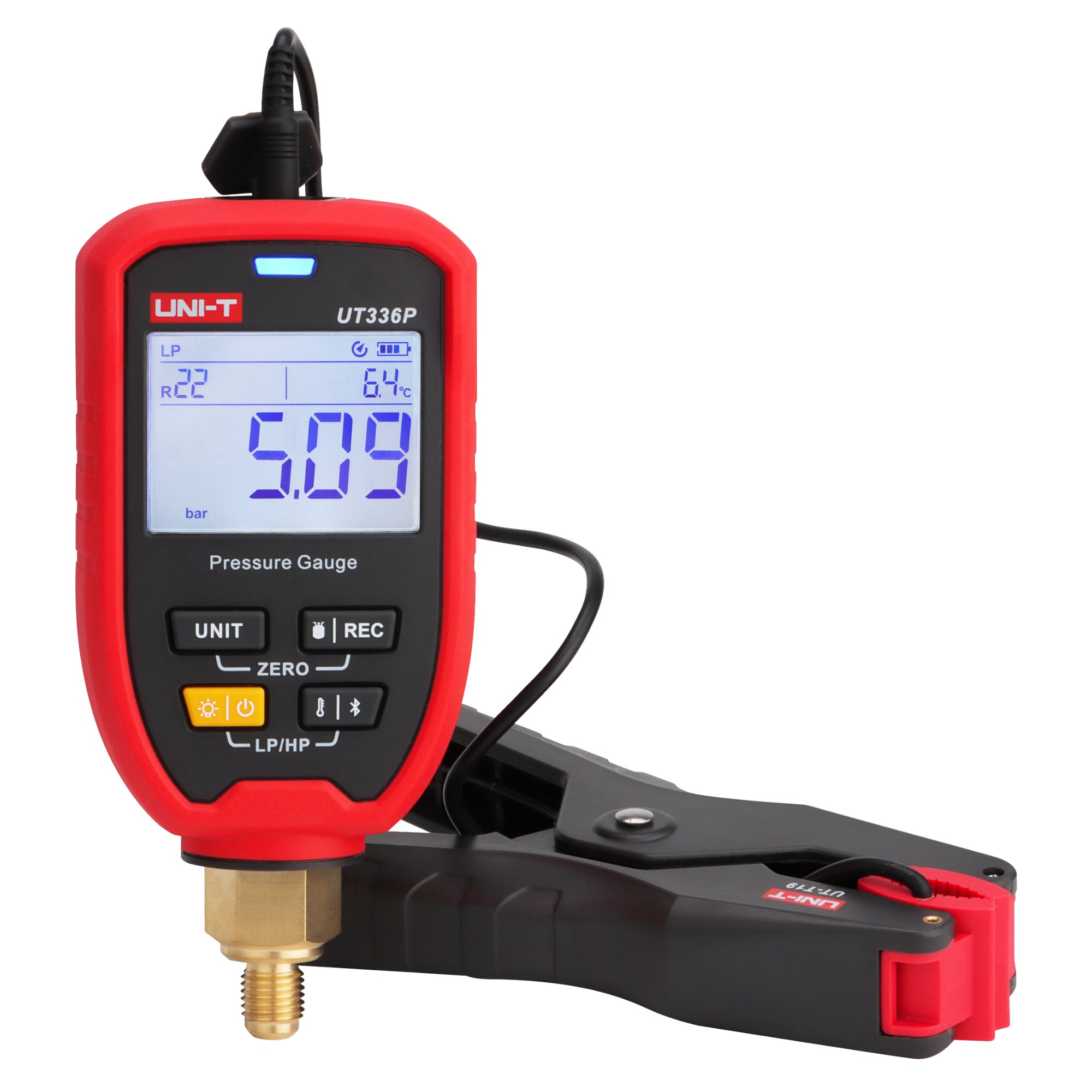UNI-T UT336P KIT Druckmessgerät mit angeschlossener Rohrtemperaturzange und digitaler Messwertanzeige.