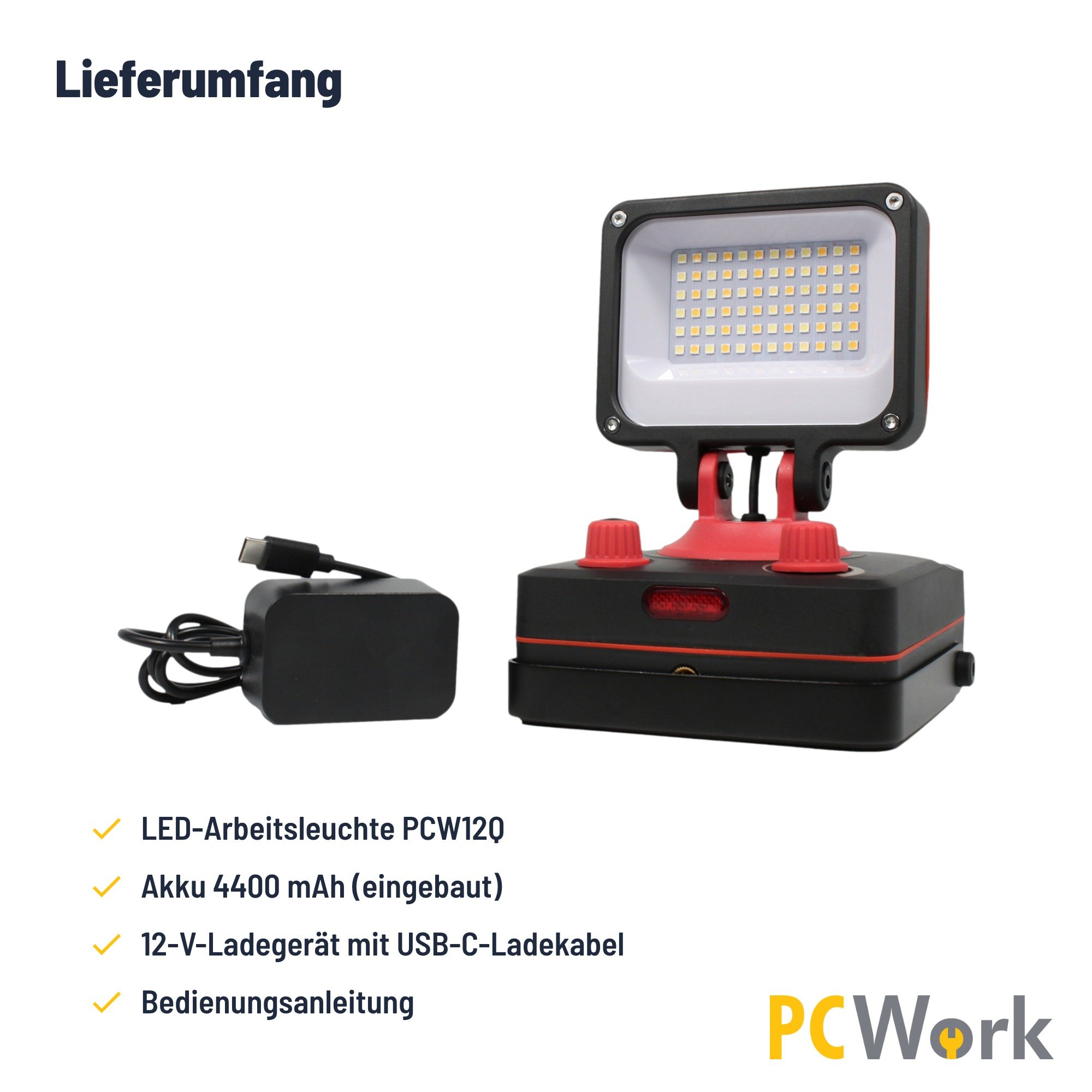 PCW12Q Lieferumfang mit LED-Leuchte, Netzteil und USB-C-Ladekabel