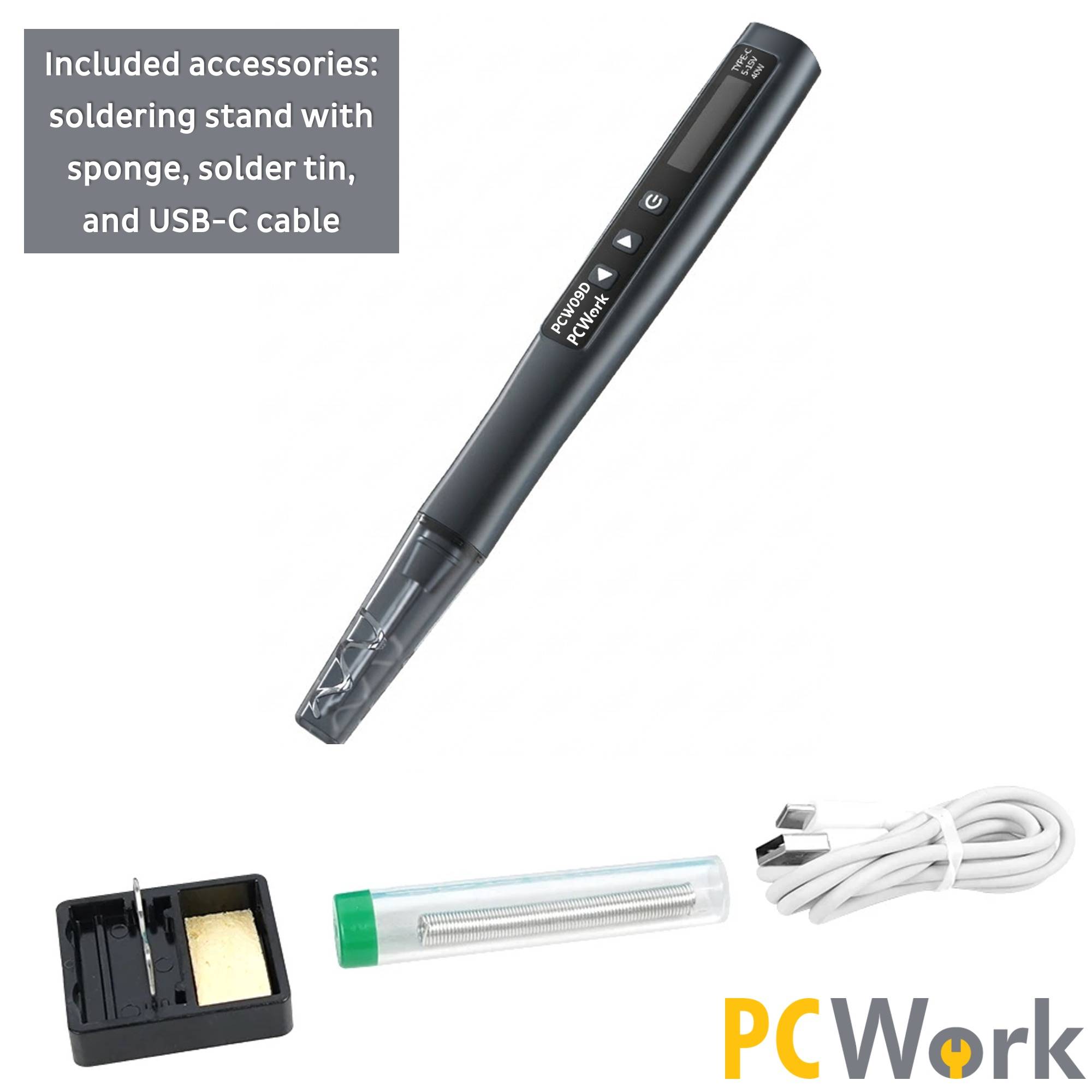 Das mitgelieferte Zubehör des PCWork PCW09D: Lötkolben, Lötkolbenständer mit Schwamm, Lötzinn und ein USB-C Kabel.