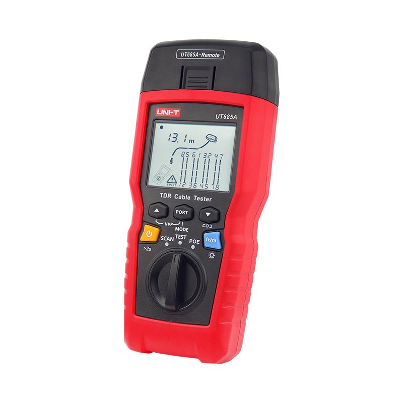 UNI-T UT685A Kabeltester schräg von der Seite mit Anzeige von 13,1 m Kabellänge