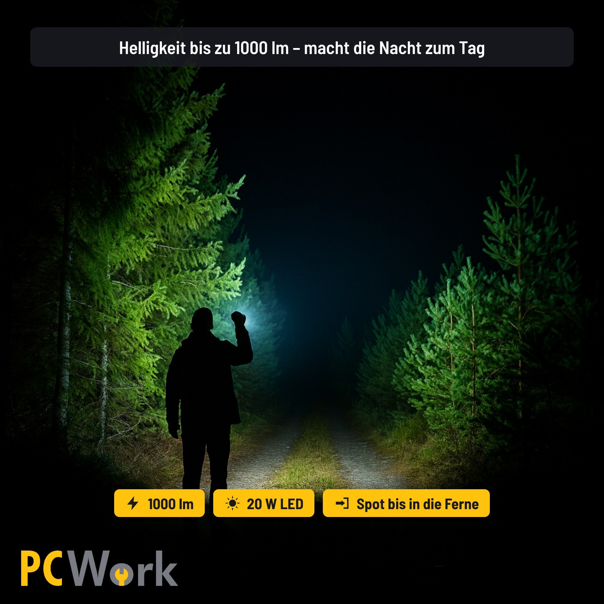 Nachtaufnahme im Wald mit der PCW12M LED-Taschenlampe bei voller Leuchtkraft von 1000 Lumen