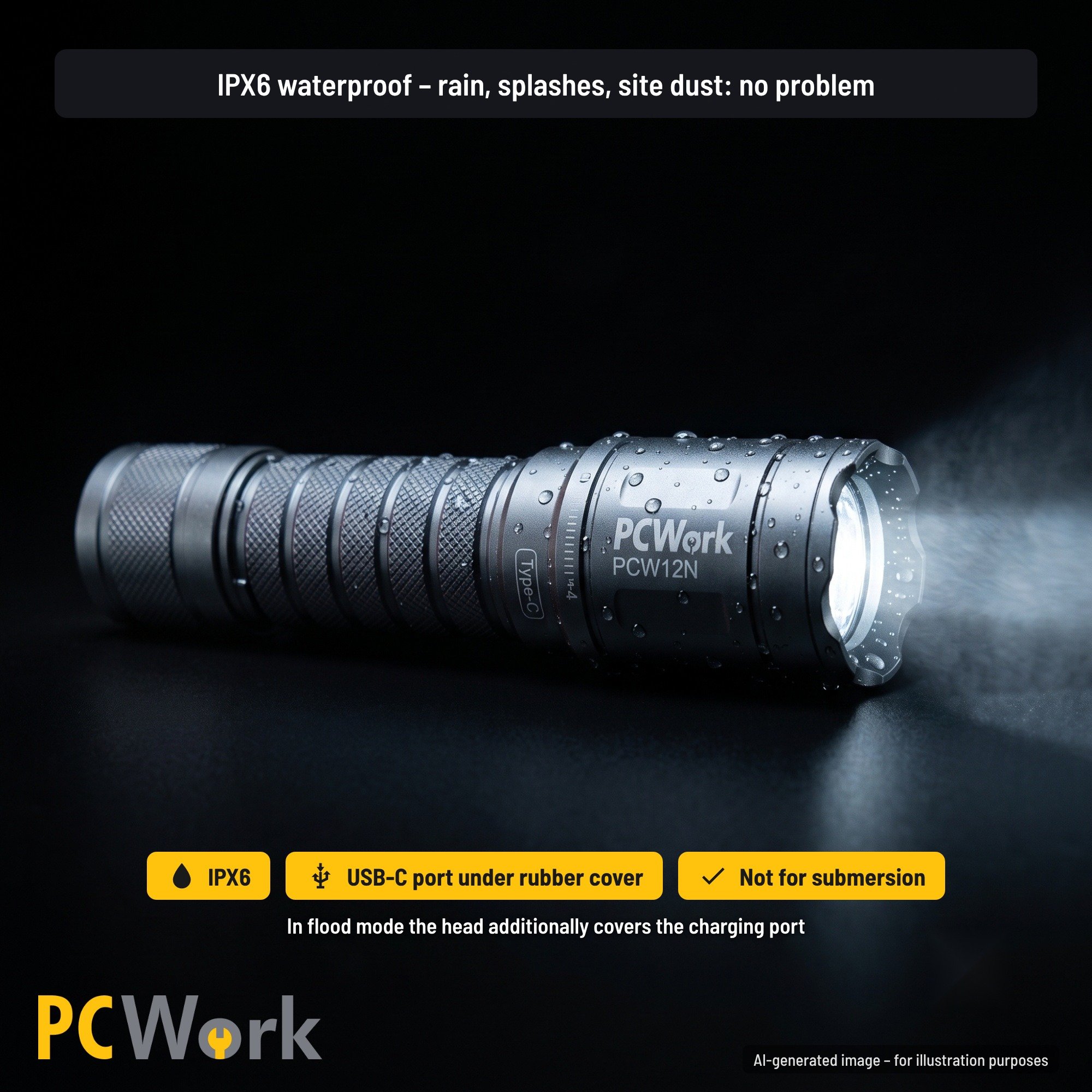 PCW12N Wasserdichtigkeit nach IPX6 mit englischen Hinweisen zu Ladeport und Spritzwasser