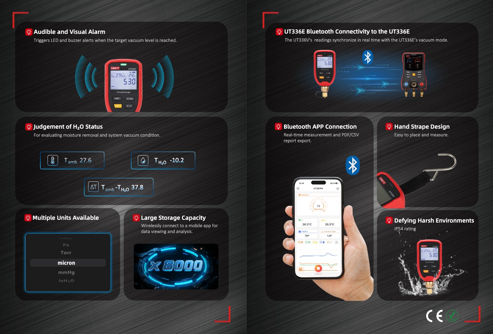 Technisches Datenblatt Seite 2: Funktionen, Alarmfunktionen und App-Konnektivität des UNI-T UT336V Vakuummeters