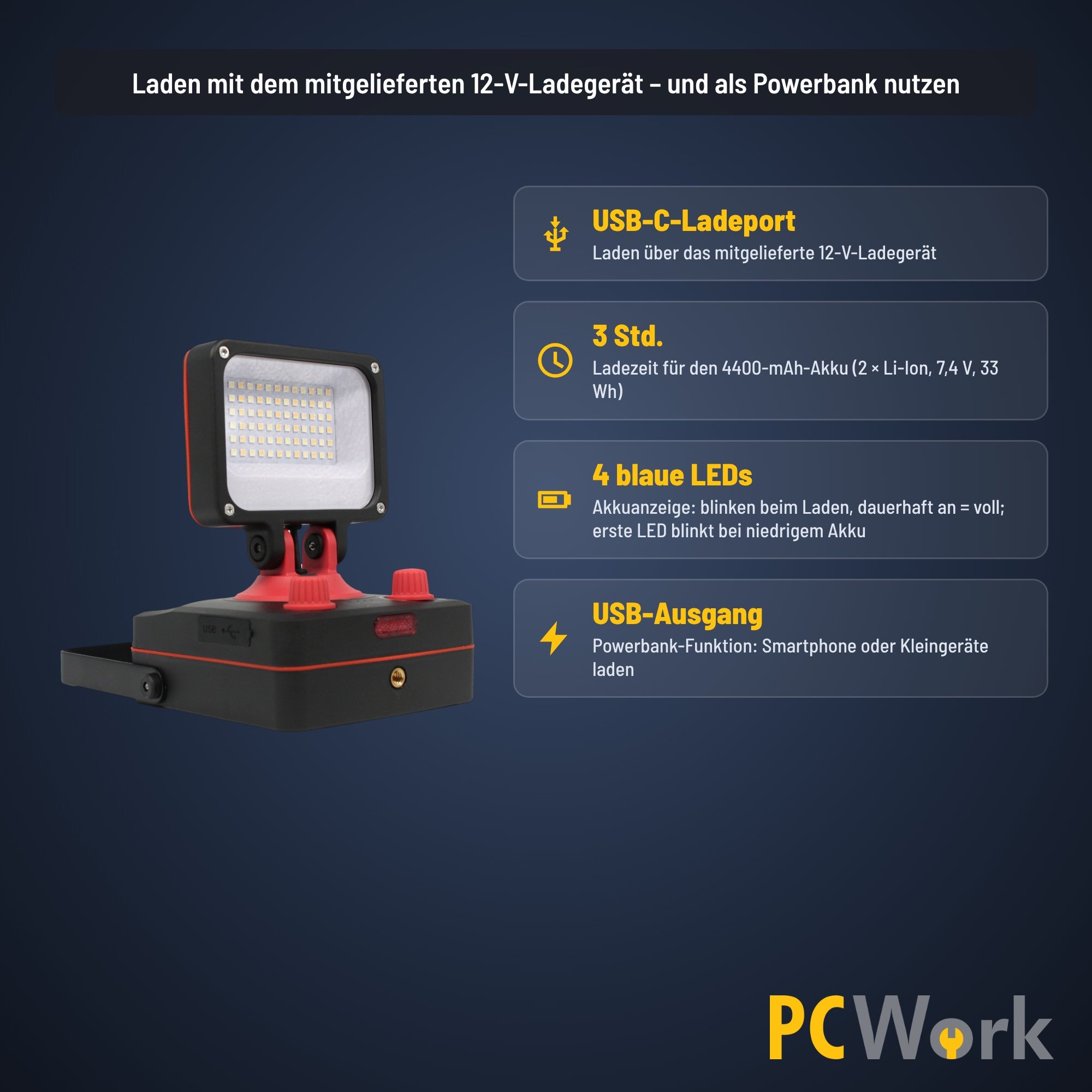 PCW12Q Arbeitsleuchte mit Powerbank-Funktion und USB-C-Ladeanschluss