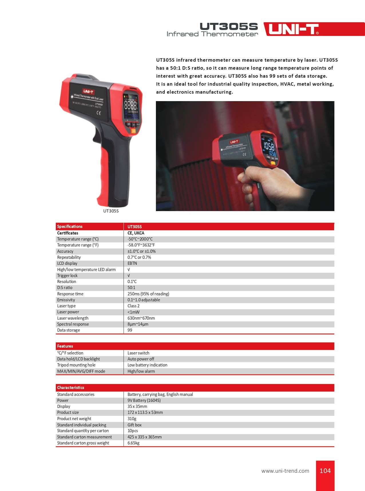 Datenblatt des UNI-T UT305S Infrarot-Thermometers mit allen technischen Spezifikationen und Features im Überblick.