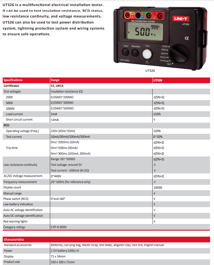 UT526 Isolationsmessgerät,  CAT III 600V, 10000 Counts