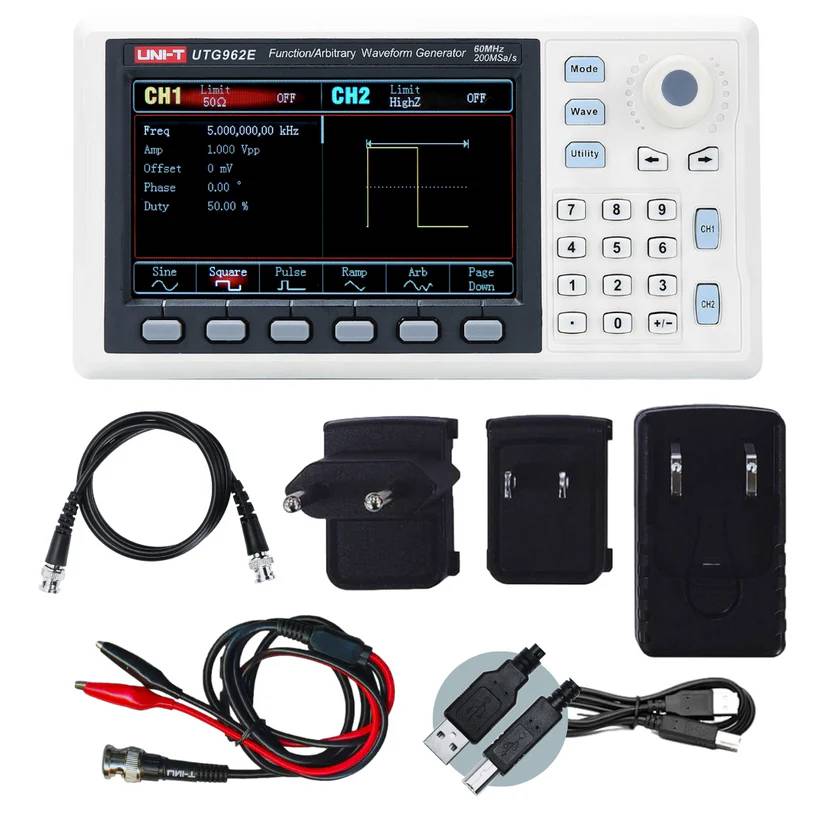 Lieferumfang des UNI-T UTG962E Funktionsgenerators: Gerät, internationale Netzteile, USB-Kabel und BNC-Messleitungen.