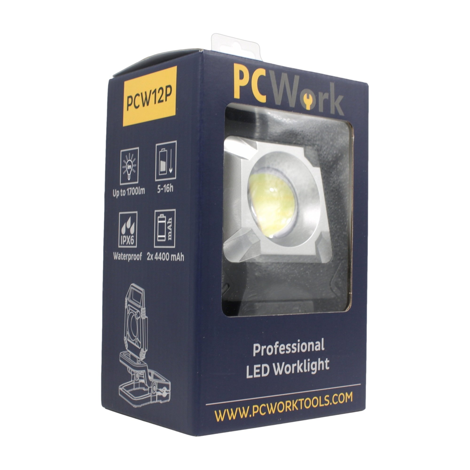 Verkaufsverpackung der PCW12P Arbeitsleuchte in perspektivischer Ansicht mit Sichtfenster