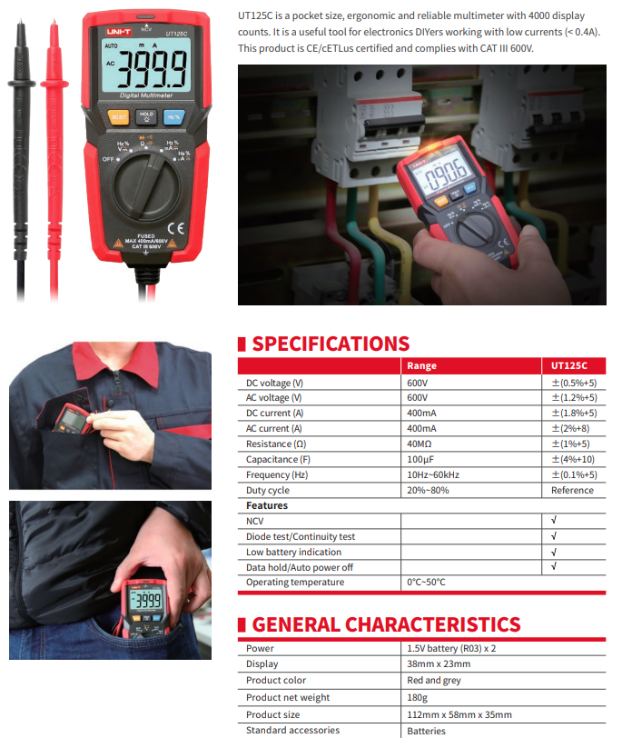 UT125C Digitalmultimeter, 4000 Counts, Pocket size