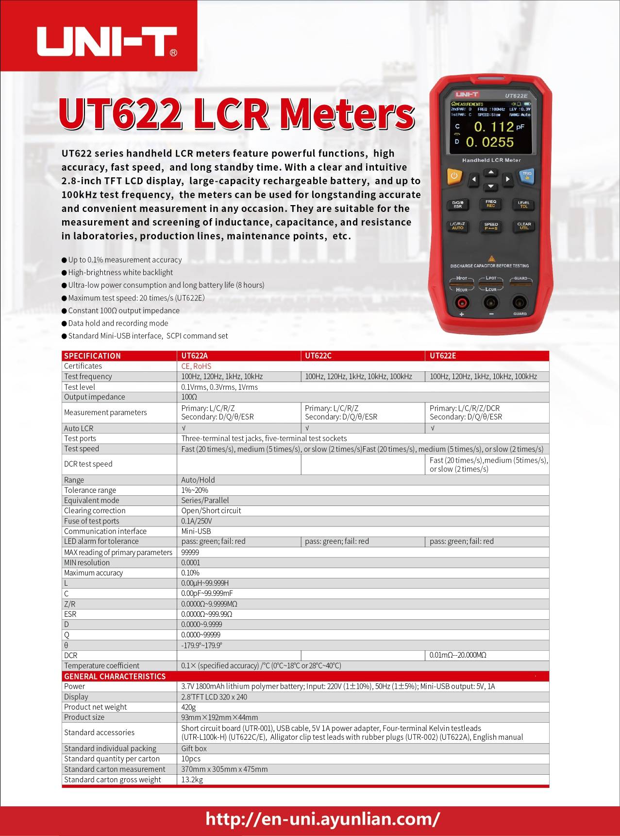Datenblatt des UNI-T UT622E LCR-Meters mit detaillierten technischen Spezifikationen zur 0,1% Messgenauigkeit und dem 100kHz Frequenzbereich.