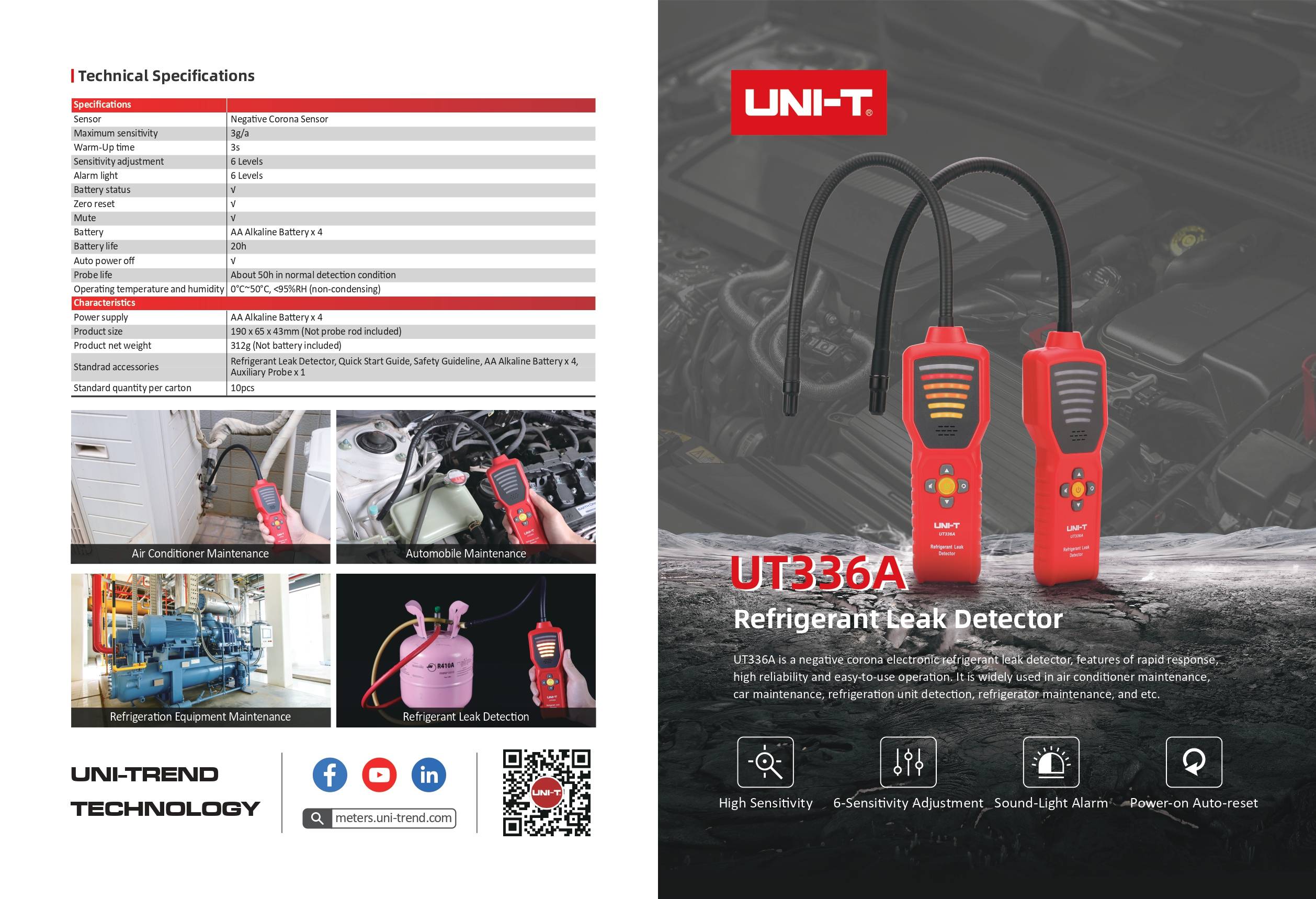 Datenblatt des UNI-T UT336A Kältemittel-Lecksuchgeräts mit technischen Spezifikationen und Anwendungsbeispielen wie KFZ- und Klimaanlagenwartung.