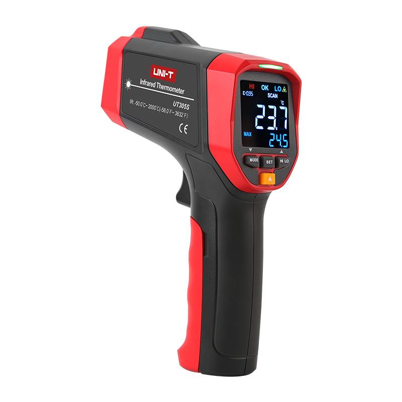 UNI-T UT305S Infrarot-Thermometer mit beleuchtetem Display, das eine Temperatur von 23.7 Grad Celsius anzeigt.