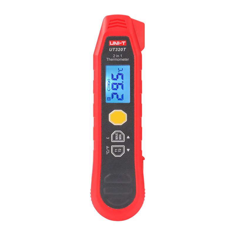 Frontansicht des UNI-T UT320T 2-in-1 Thermometers mit beleuchtetem LCD-Display und Bedientasten.