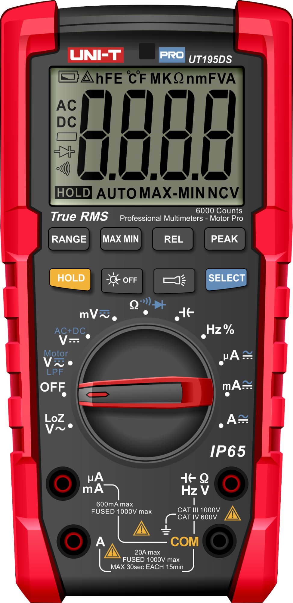 Produktgrafik des UT195DS True RMS Multimeters mit Displayanzeige, Drehschalter und Messbuchsen.