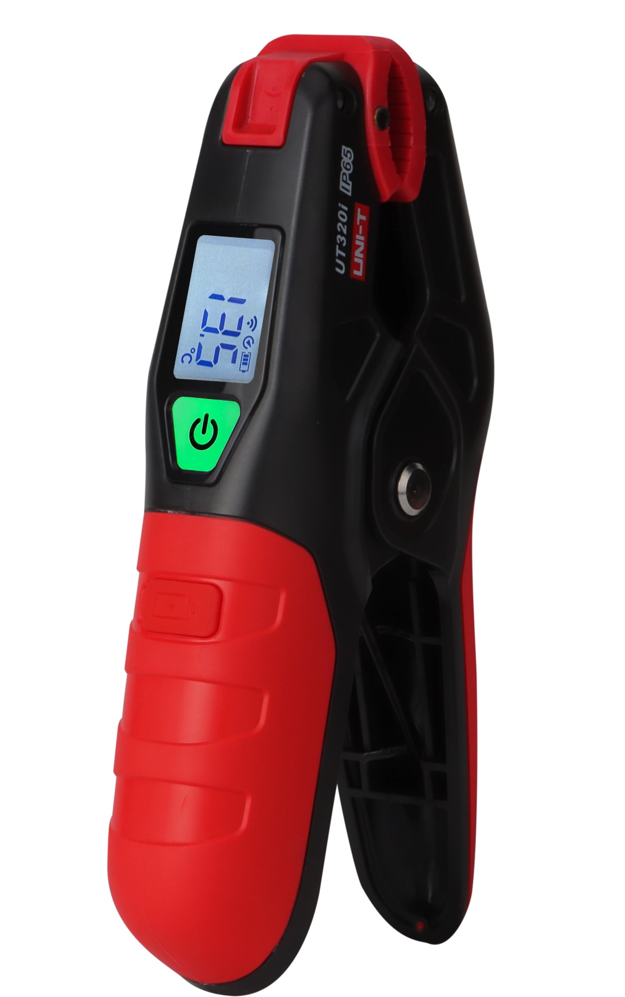 Seitenprofil der eingeschalteten Temperaturmesszange UT320i mit gut lesbarem Display