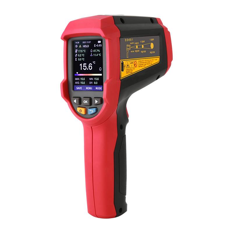 Rückansicht des UNI-T UT305C+ Infrarot-Thermometers, die das professionelle 55:1 Distanz-zu-Spot-Verhältnis für präzise Messungen aus der Ferne hervorhebt.