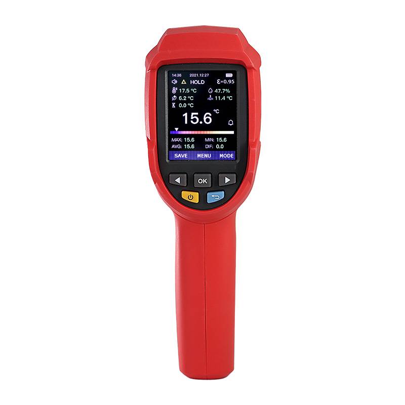 Frontansicht des UT305C+ Infrarot-Thermometers mit dem hochauflösenden 2,4 Zoll TFT-Farbdisplay und den intuitiven Bedienknöpfen für Messmodi und Datenspeicherung.