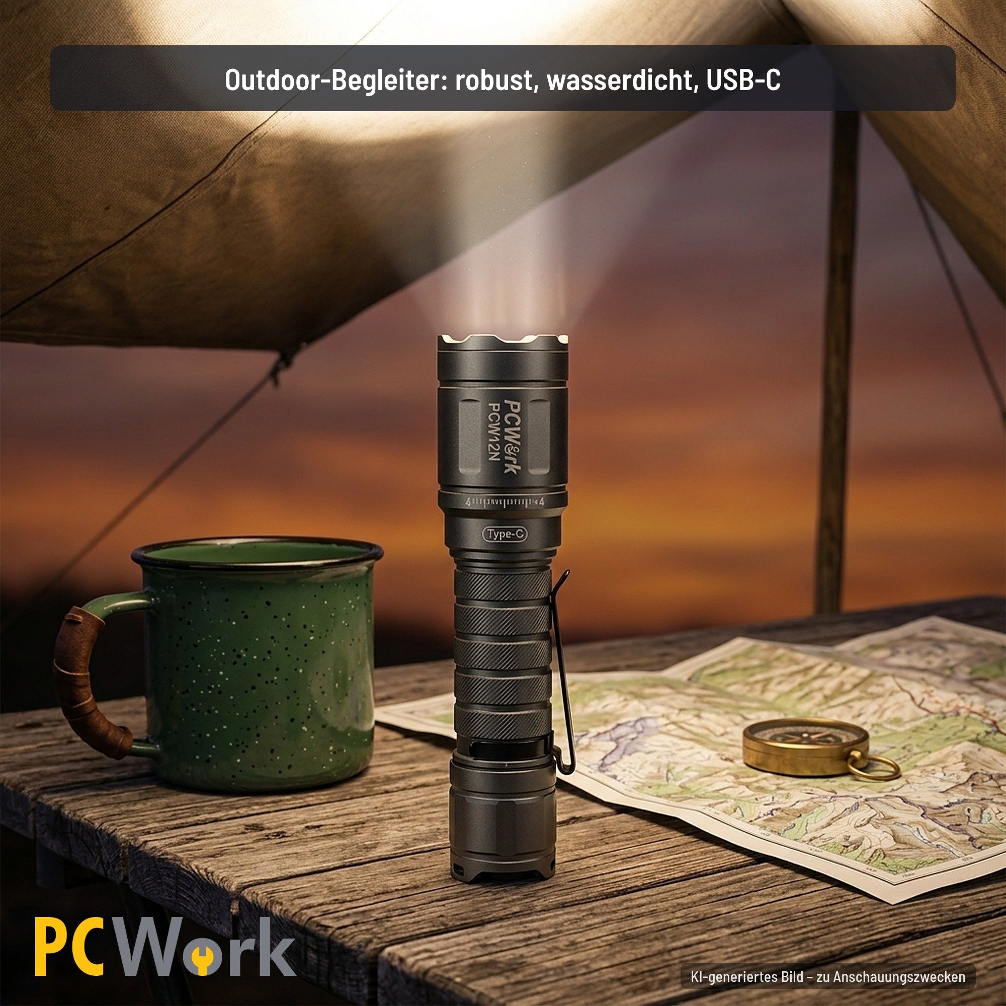 PCW12N LED-Taschenlampe stehend auf einem Outdoor-Holztisch im Camping-Einsatz
