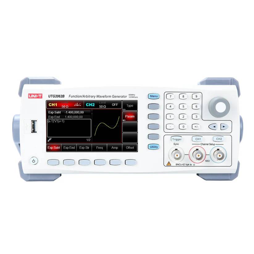 UNI-T UTG2062B Funktionsgenerator in der Frontansicht mit eingeschaltetem Display, das eine Wellenform für Kanal 1 anzeigt.