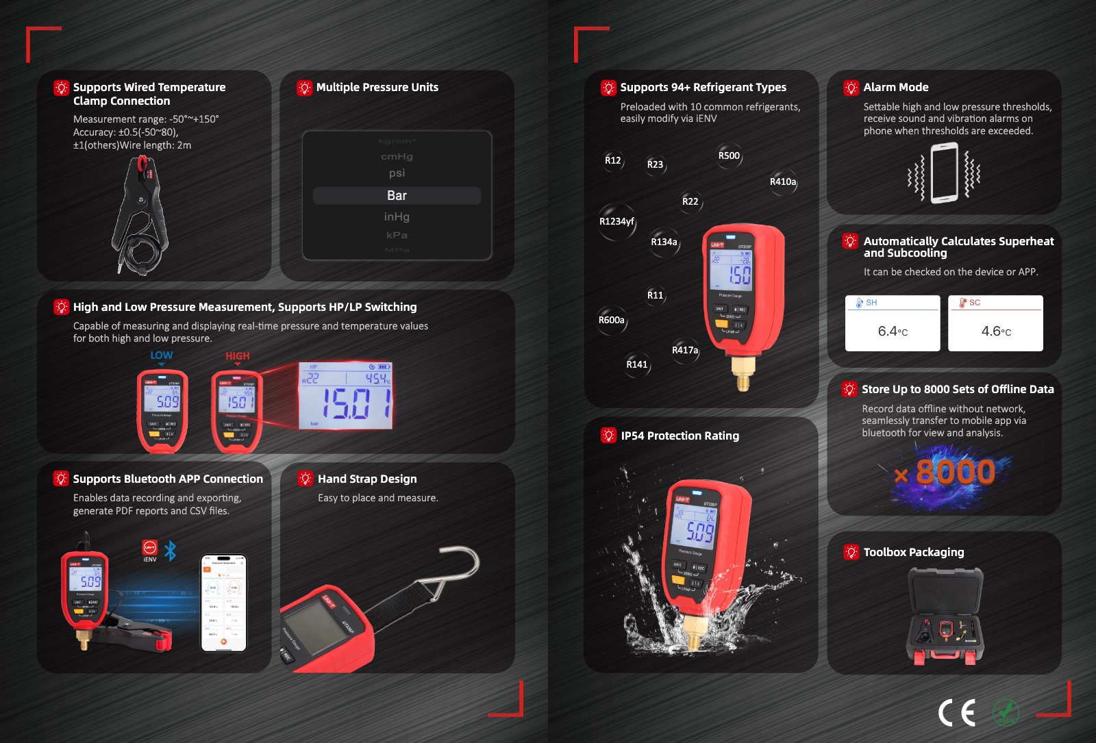 Technisches Datenblatt Seite 2: Funktionen, Kältemittel und App-Anbindung des UNI-T UT336P KIT.