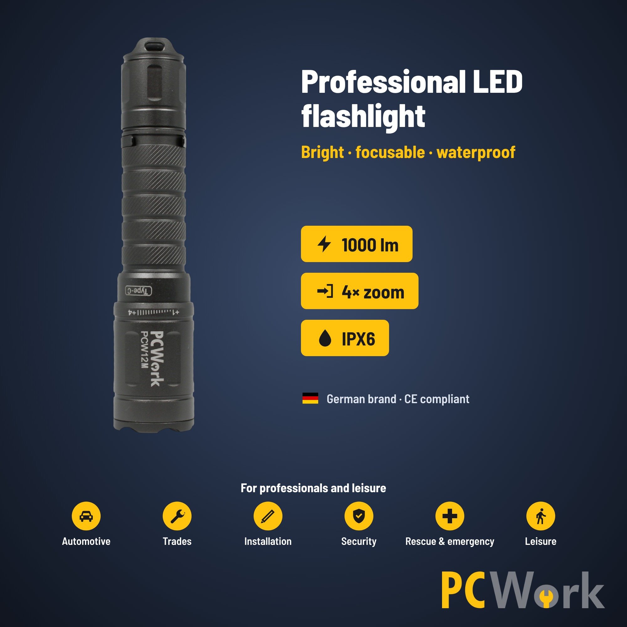 Englische Feature-Übersicht der PCW12M LED-Taschenlampe mit 1000 lm, 4x Zoom und IPX6