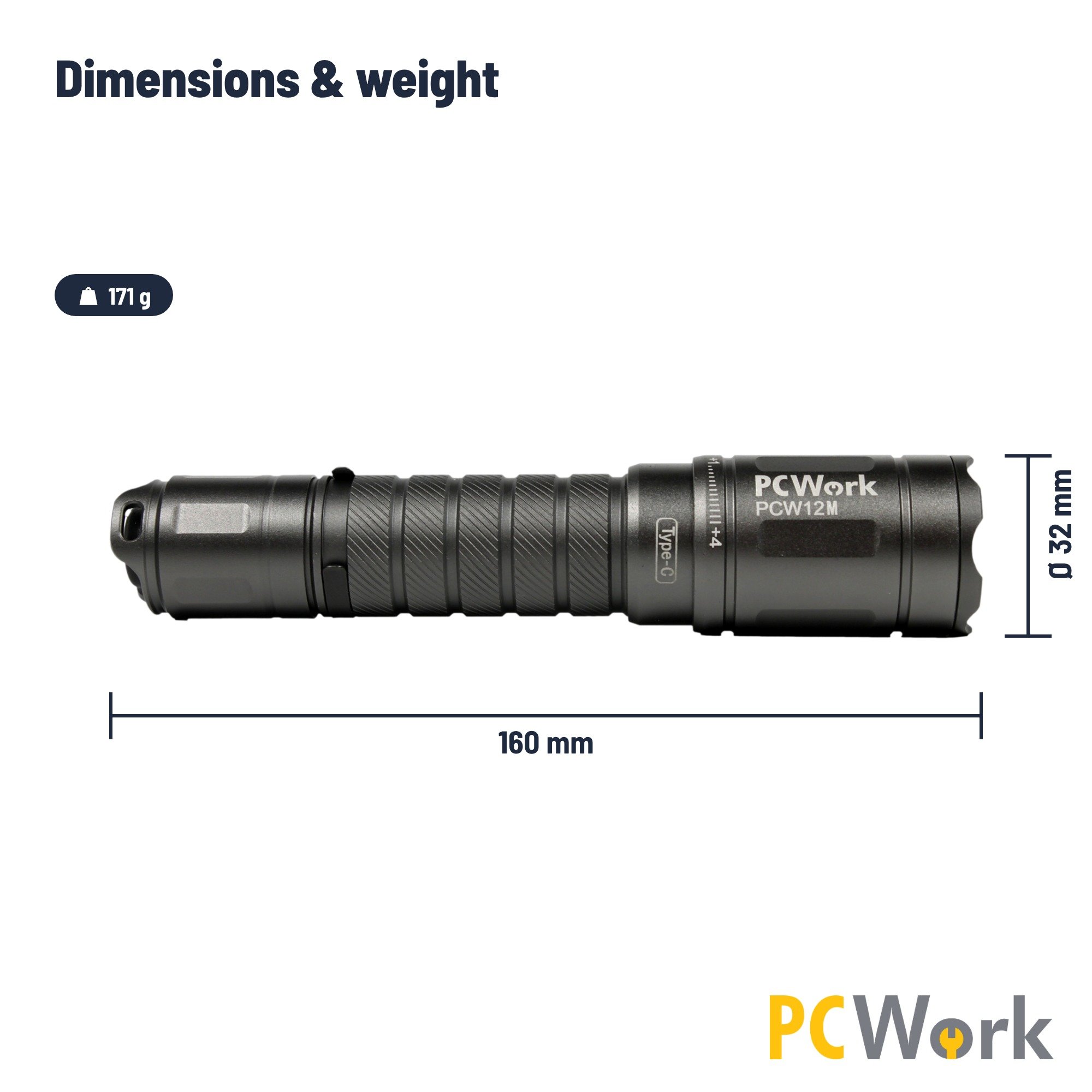 Maß- und Gewichtsangaben der PCW12M LED-Taschenlampe in englischer Beschriftung