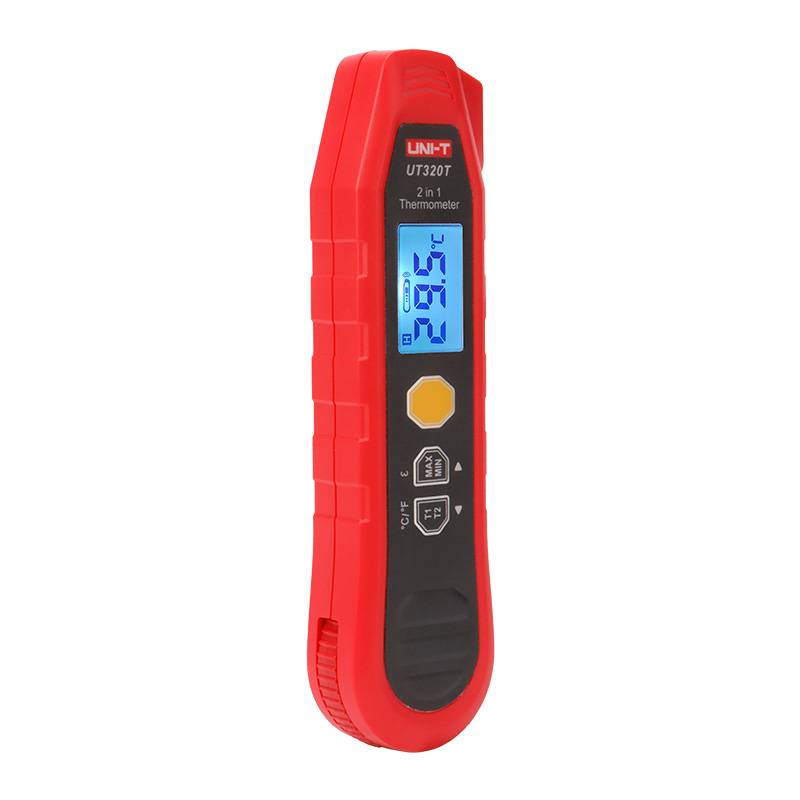 UNI-T UT320T Infrarot- und Einstichthermometer in kompakter Bauform, Frontalansicht mit Display.