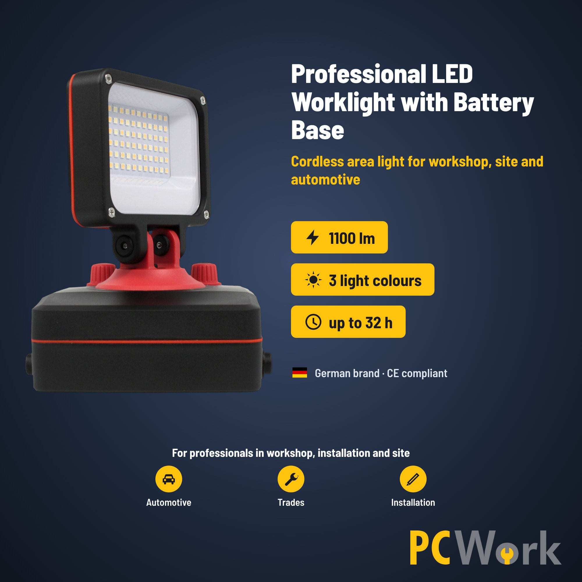 PCW12Q englische Übersichtsgrafik mit 1100 Lumen und Akkulaufzeit bis 32 Stunden