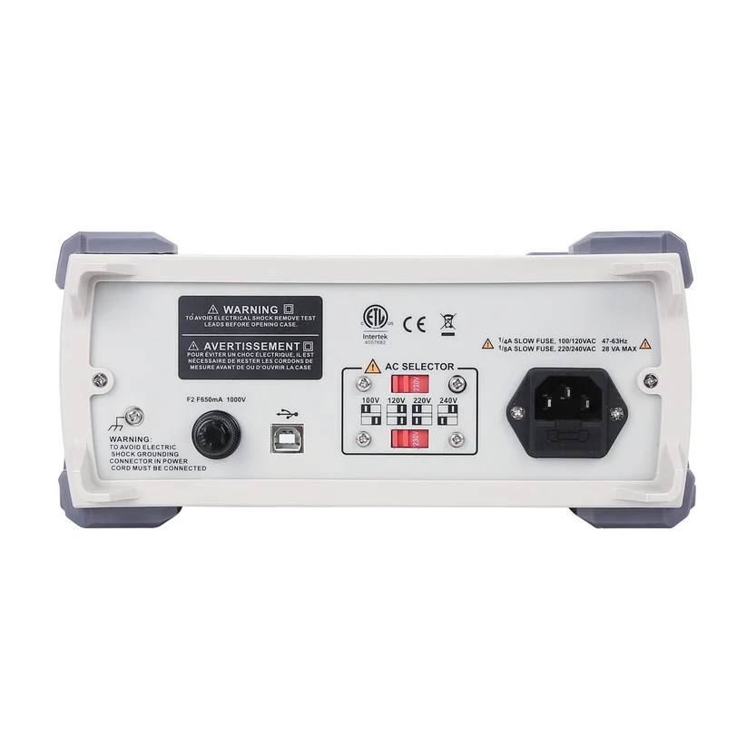 Rückseite des UNI-T UT8803E Tischmultimeters mit LAN-Anschluss, AC-Spannungswähler und Sicherungshalter.