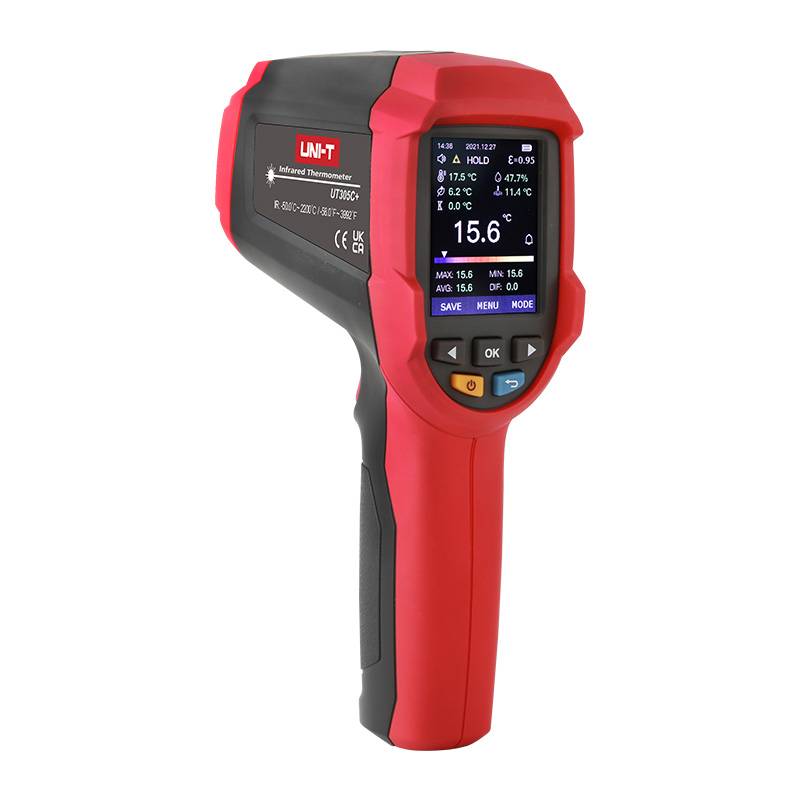 Professionelles Infrarot-Thermometer UT305C+ von UNI-T mit klarem Farbdisplay, das präzise Messwerte wie Temperatur und Luftfeuchtigkeit anzeigt.