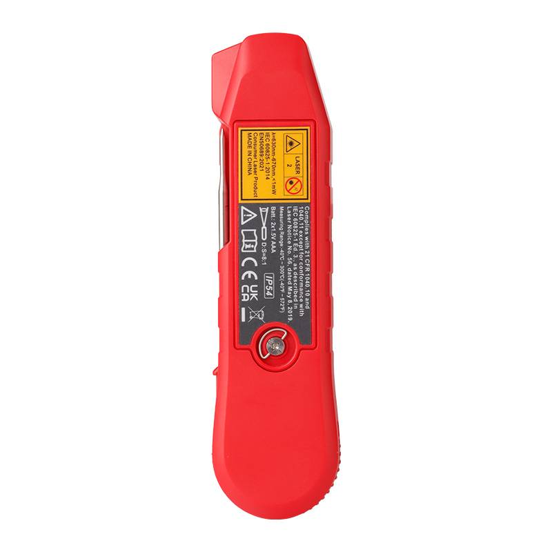 Rückseite des UNI-T UT320T Thermometers mit Herstellerangaben, Laser-Warnhinweis und Batteriefach.