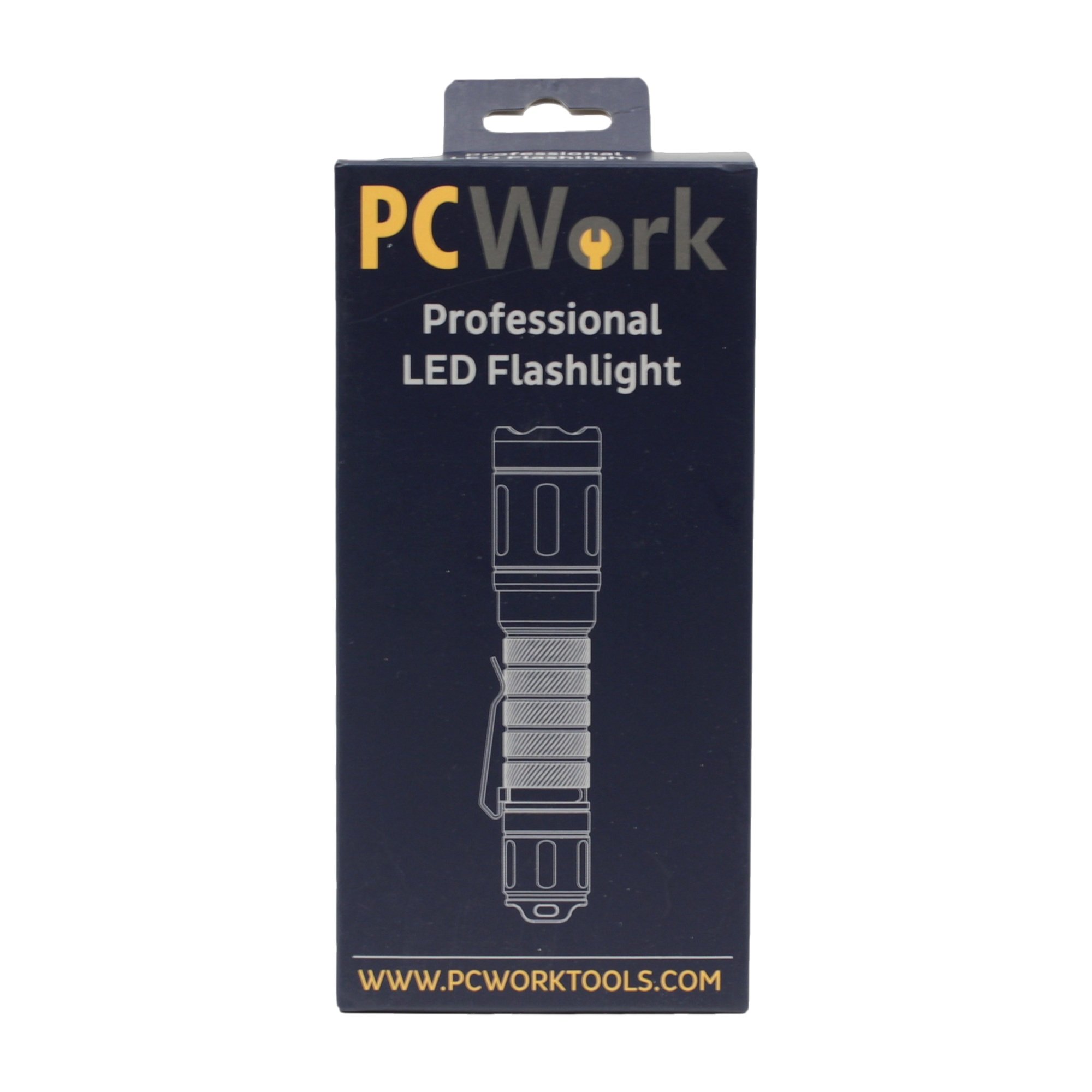 PCW12N Kartonverpackung in frontaler Ansicht mit Logo und Taschenlampen-Illustration